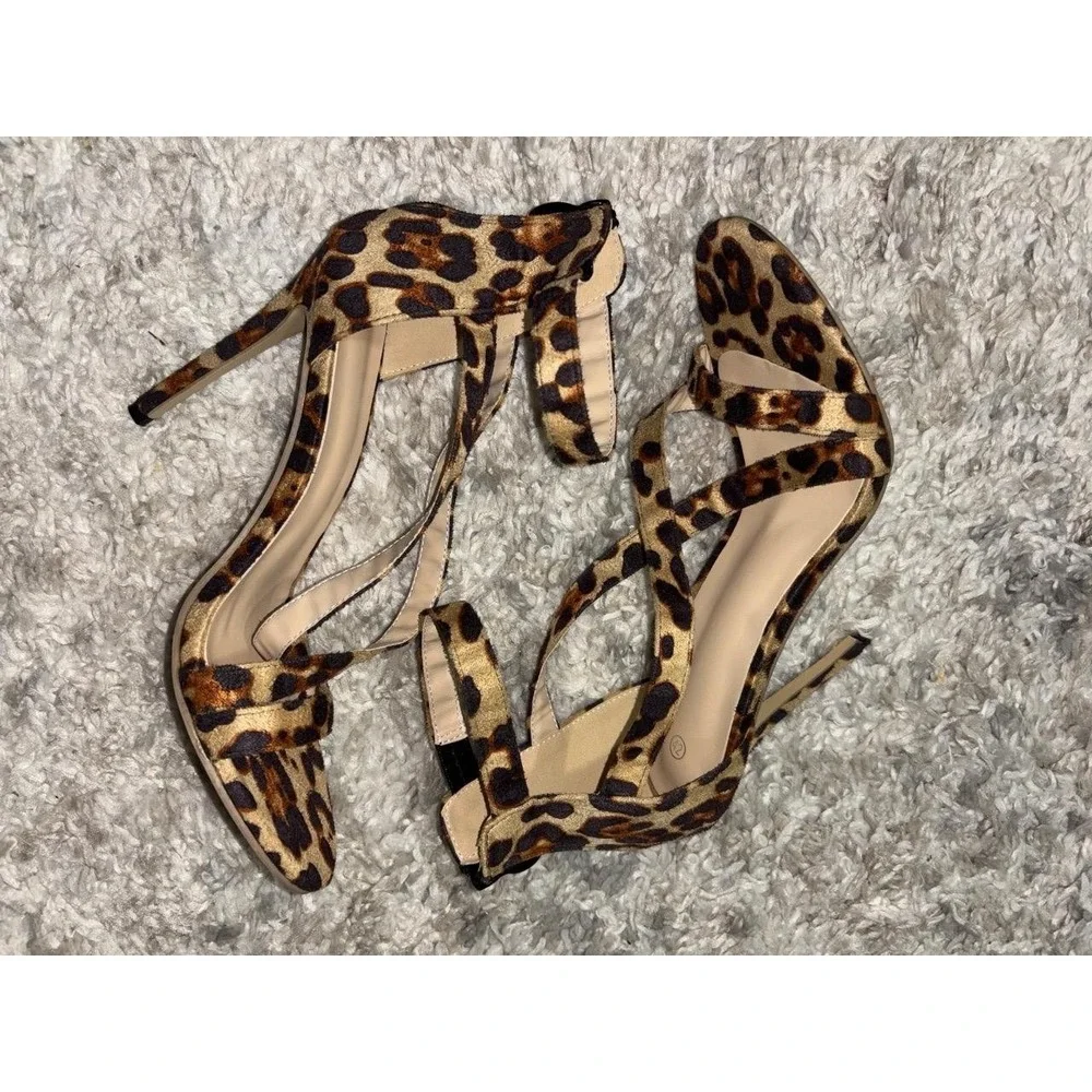 Leopard Print Strappy Stiletto Heels Ankle Strap Sandal Brown Black Size 10